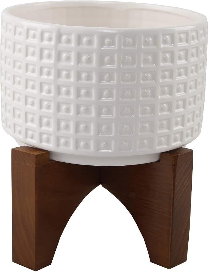 Flora Bunda Mid Century 7 inch Gladiator Texture Ceramic Wood Stand, Matte White