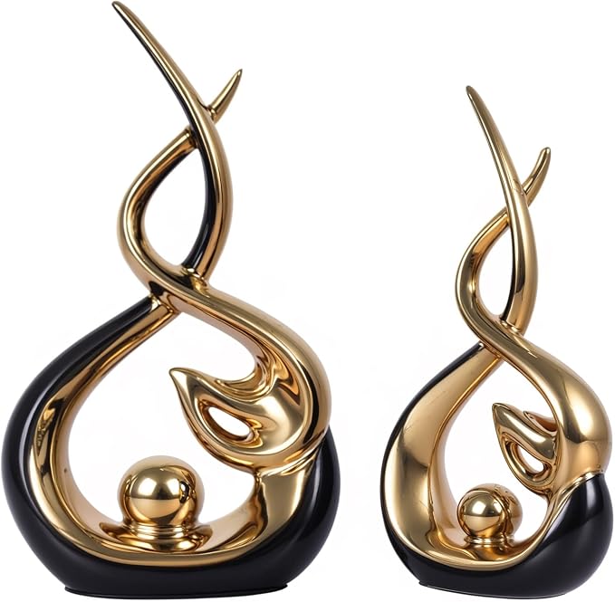 Home Decor Modern Abstract Art Ceramic Statue - 2 PCS Black and Gold Sculptures, Mid Century Modern Decor, Elegant Table Centerpieces for Dining Room, Living Room, Office, Entryway, Bookshelf, Mantel