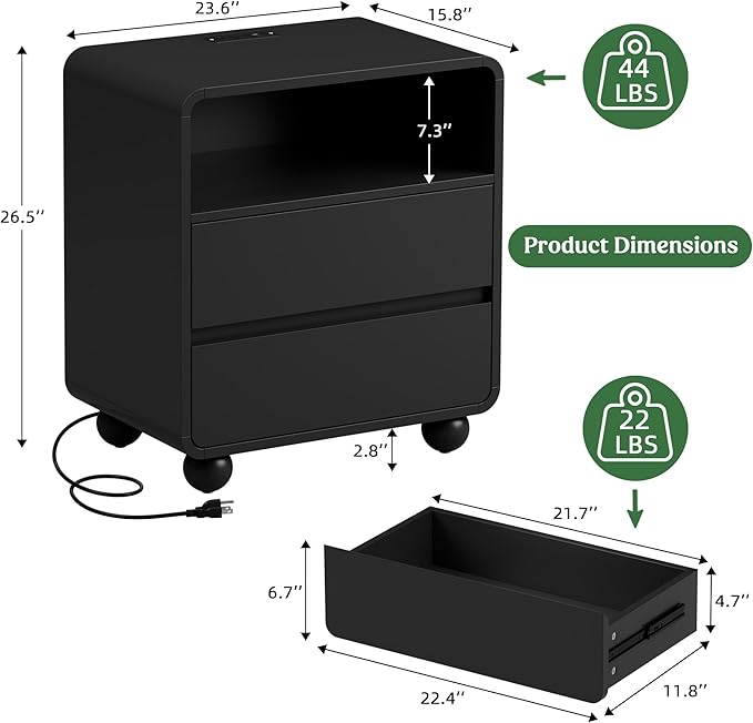 Lulive Wood Night Stand with Drawers, Modern Bedside End Table with Charging Station, Curved Profile Design Storage Nightstand for Bedroom, Black