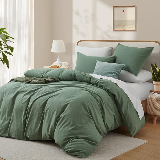 LOVQUE 100% Washed Cotton Duvet Cover Queen Size, Mint Green Fade-Resistant Natural Bedding Set (No Comforter), 90x90 Inches