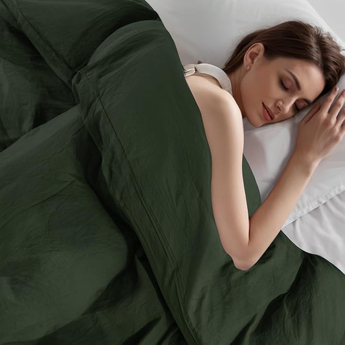 NEXHOME PRO Queen Duvet Cover Set – 100% Certified Organic Cotton with Washed Feel & Linen-Like Texture, Comfortable & Breathable, Home Bedding Set Olive Green (No Comforter)