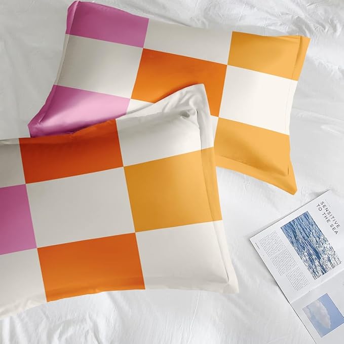 Comforter Set with 2 Pillowcases King Size, Pink Orange Plaid Buffalo Checkered, Bed Decor Hippie Retro 70s Geometric Checkerboard Grid for Kids and Adults, Soft Cozy Bedroom Bedding Set