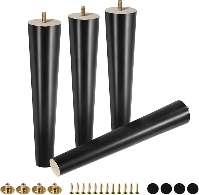 FoDau770 Black Rubber Wood Furniture Legs 14 Inches, Straight Tapered Wood Feet Mid Century Sofa Legs Set of 4, 5/16" UNC Furniture Feet for Cabinet Couch Dresser Chair Ottoman Table