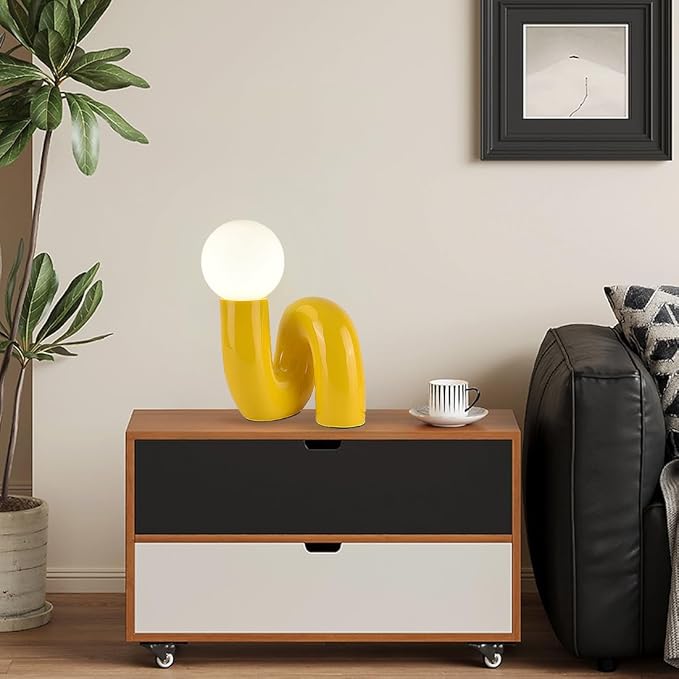 Modern Yellow Table Lamp Bauhaus Resin Table Light Aesthetics Milk White Globe Glass Light Fixtures for Bedside Bedroom Living Room Kid’s Room Corner Office