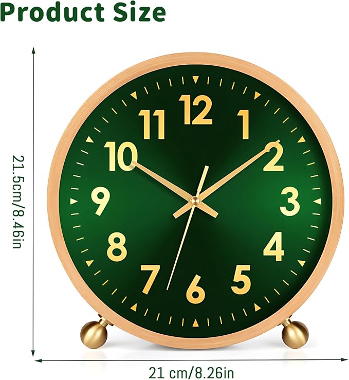 Maxspace Wooden Table Clock,8in Silent Non-Ticking Desk Clockwith Gold Ball Base, Battery Operated Desktop Analog Clock for Living Room Office Bedroom Decor (Green Gold - Log, Copper Ball Base)