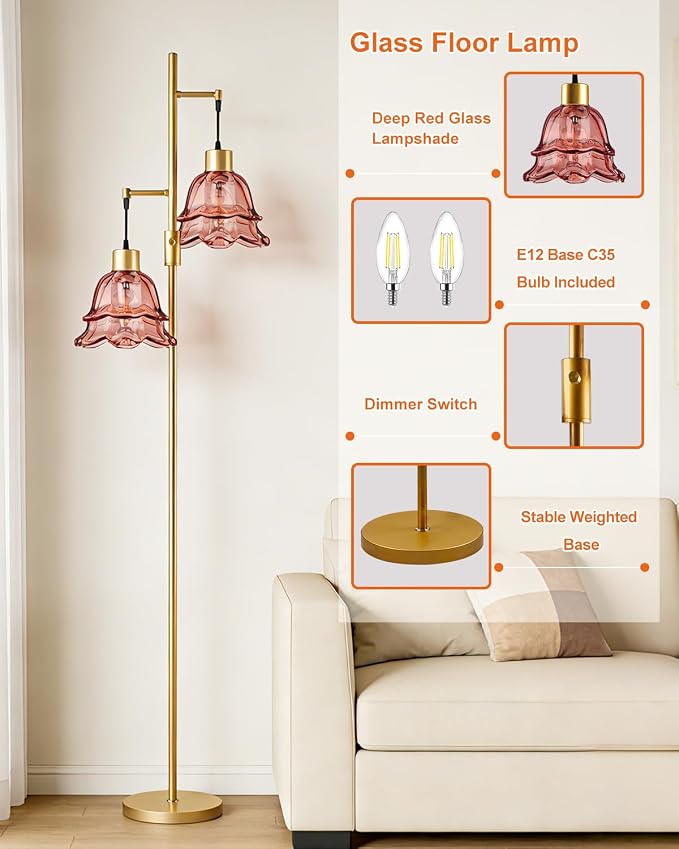 2-Light Modern Glass Floor Lamp, Gold Tall Standing Lamp with Deep Red Tulip Glass Shade for Reading, Dimmable LED Floor Lamp with 5Lbs Heavy Base for Living Room Bedroom Home Decor, Bulb Included
