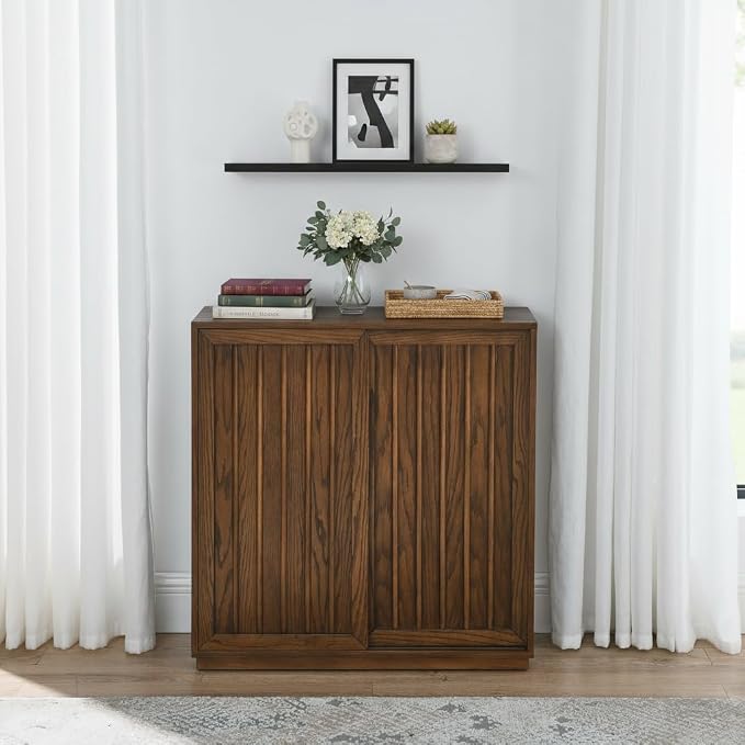 Mid Century Modern Sideboard Cabinet | Slim Fluted Credenza with Sliding Doors | Narrow Storage Buffet Console Table for Small Spaces, Living Room, Entryway, Kitchen (Walnut, 32")