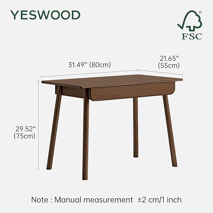 YESWOOD 100% Solid Wood Desk with Drawers, Walnut Color Office Desk, Mid Century Modern Writing Desk for Study Bedroom Living Room 41.33" W