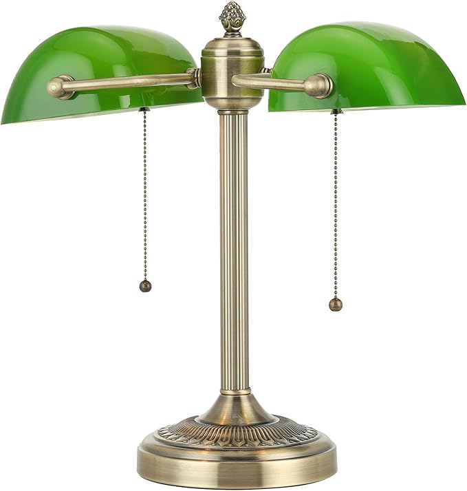 Newrays Green Double Head Glass Bankers Desk Lamp with Pull Chain Switch Plug in Fixture for Library, Office, Cafe