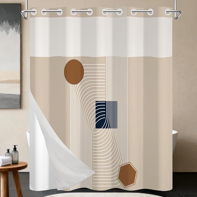 No Hook Boho Shower Curtain with Snap in Fabric Liner Set, Abstract Geometric Design, Mid Century Style Waterproof Shower Curtains for Bathroom, 71x74 Inches