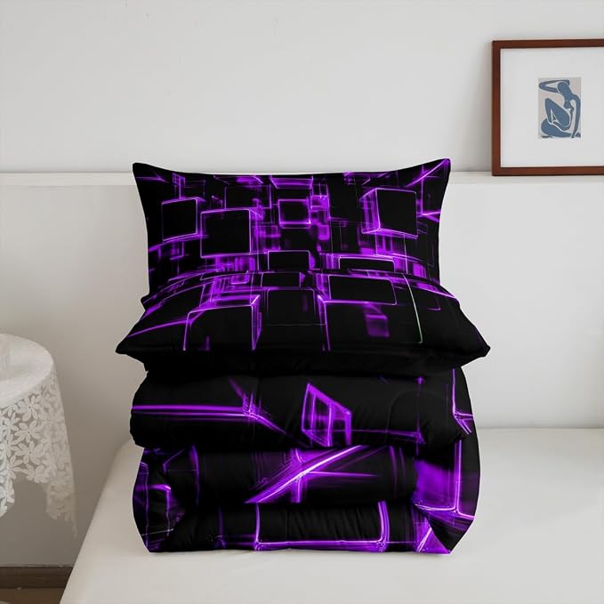 Erosebridal Fluorescent Purple and Black Kids Comforter Set, Modern Geometric Square Bedding Sets Colorful Gradient Neon Light Honeycomb Duvet Insert King 3 Pieces