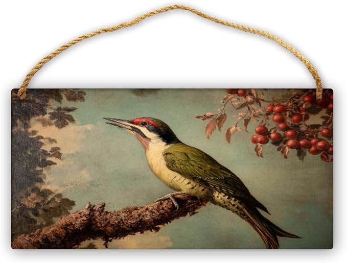 Retro Woodpecker Portrait Wooden Sign 12x6 Inch, Nature-Inspired Wall Decor for Country Homes, Study Room Accent, Ideal Gift for Bird Watchers & Vintage Art Aficionados