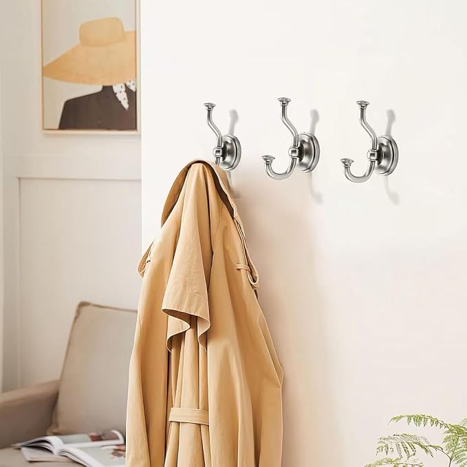 khtumeware 3 Pack 4-1/2 inch Zinc Alloy Vintage Wall Brushed Satin Nickel Large Coat Hooks Suitable for Tile, Wood Board, Glass Walls, Bathroom, Entrance Hall, Kitchen, Multi-Functional Robe Hooks