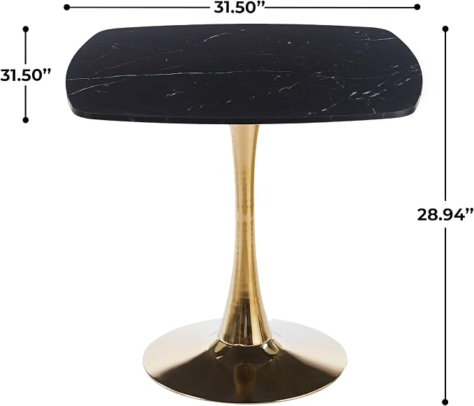 31.5 Inch Square Dining Table for 2 to 4 Person Mid Century Modern Tulip Table with Metal Pedestal Base Thick MDF Top for Apartment Kitchen Bistro Office, Black and Golden