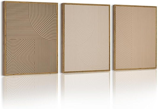 PHOPAGO Minimalist Abstract Framed Wall Art Modern Boho Neutral Line Wall Decor Geometric Artwork Kitchen Dining Room 11x14in Natural Framed