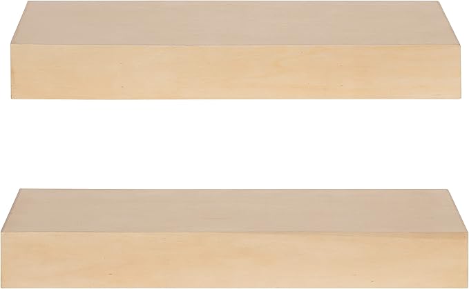 Kate and Laurel Havlock Modern Natural Floating Shelves; Set of 2; 18 x 8; Natural Wood; Mid-Century Bathroom and Kitchen Shelves for Storage and Display Decor