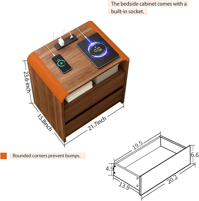 Modern Nightstand, 23.6-Inch Wide with Charging Station & Curved Anti-Collision Design, Mid-Century Storage Cabinet, Pre-Embedded Slots, Sturdy & Reusable, Ideal for Dorm, Sofa, or Office (2)