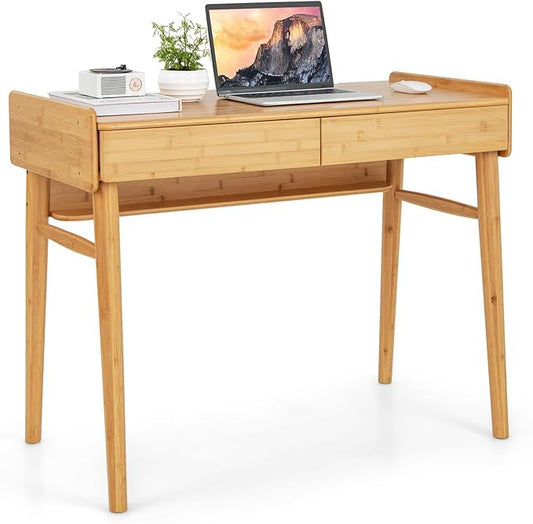 Tangkula Bamboo Mid Century Desk with 2 Storage Drawers, Home Office Study Writing Desk with Shelf & Cable Management Groove, Home Office Desk for Working & Learning (Natural)