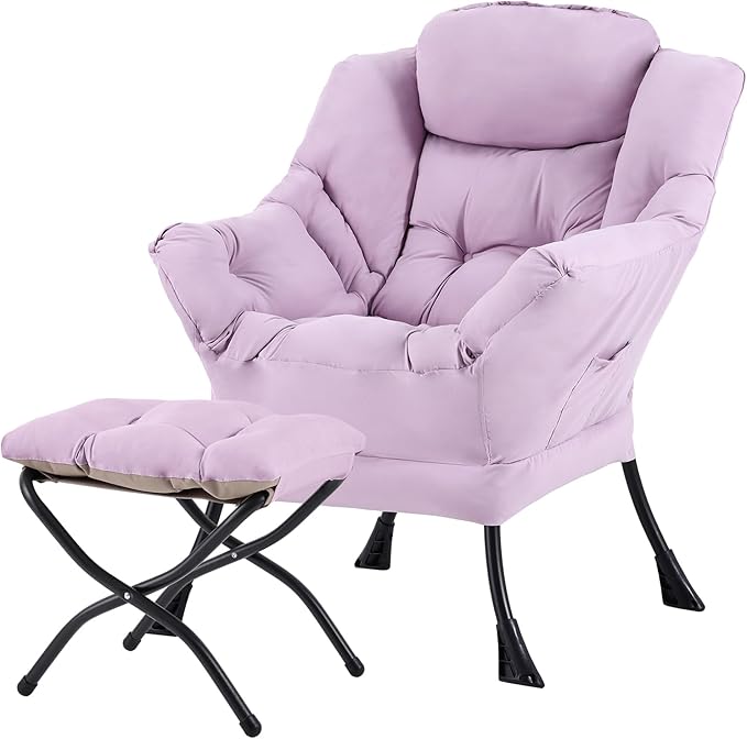 Tiita Lazy Chair with Ottoman, Purple Modern Large Accent Chair, Comfy Leisure Sofa Armchair with Ottoman, Reading Chair with Footrest for Bedroom, Living Room, Dorm Rooms, Purple