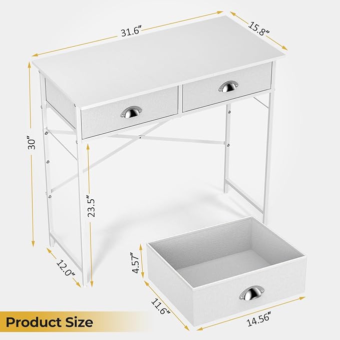 DAOUTIME Small Writing Desk for Kids Bedroom, 31.5 Inch Small Computer Desk for Small Spaces, Simple Desk with 2 Fabric Drawers for Home Office, Dorm, Living Room, Home Study Table, White