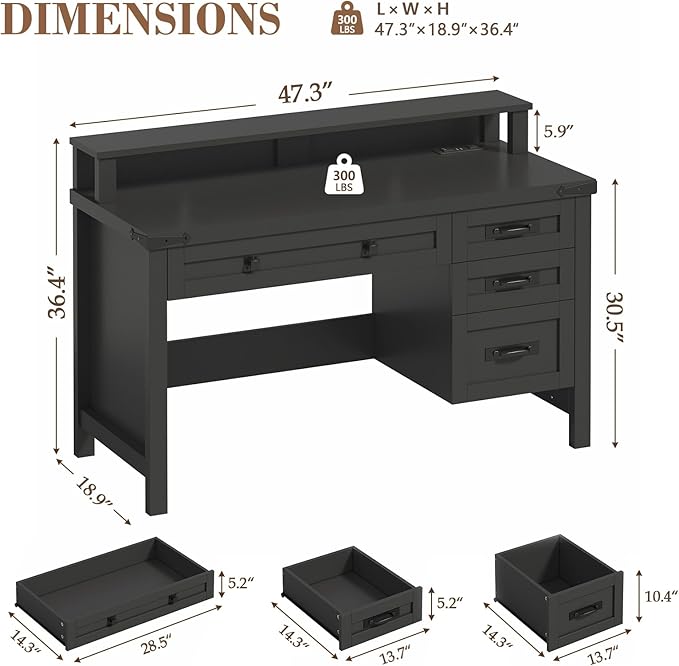 YOMILUVE Farmhouse Computer Desk with Drawers, 47" Small Computer Desk with Power Outlets, Home Office Desk with Monitor Stand & 4 Drawers, Writing Study Table, Black