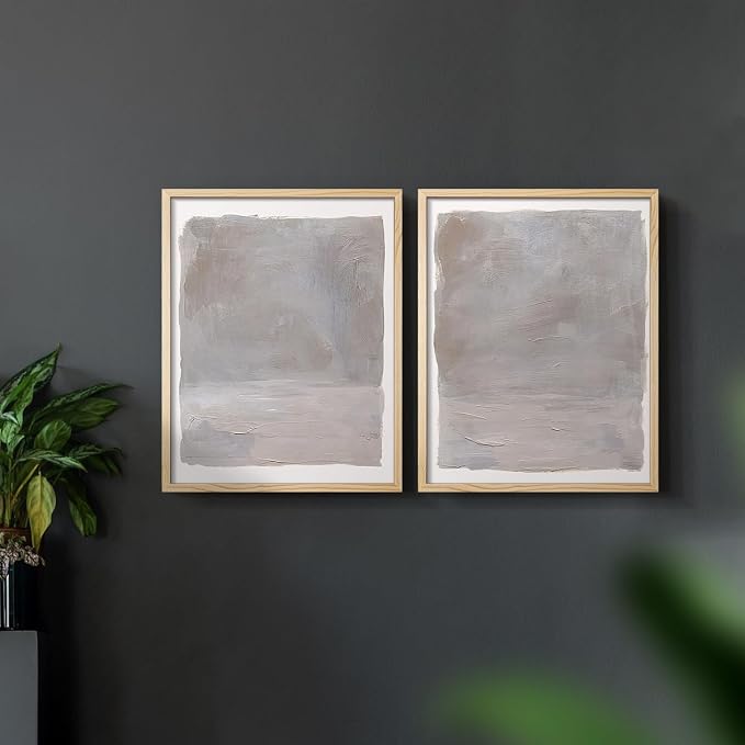 Renditions Gallery Set of 2 Peel & Stick Framed Prints, Watercolor Abstract Wall Art, Neutral Tones Textured Brushstrokes Wall Decor, Re-Stickable - Ready to Hang - 22"x28" - NATURAL WOOD Frame LT588