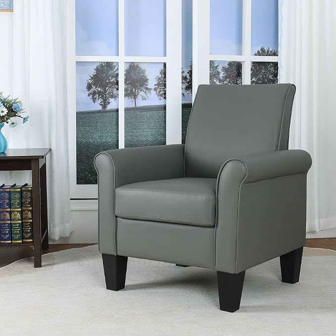 Mid-Century Modern Accent Chair, Overstuffed Leather Chairs for Living Room,Upholstered Comfy Club Chair Fake Faux Leather Armchair for Bedroom Apartment Office Lounge, PU Leather, Grey