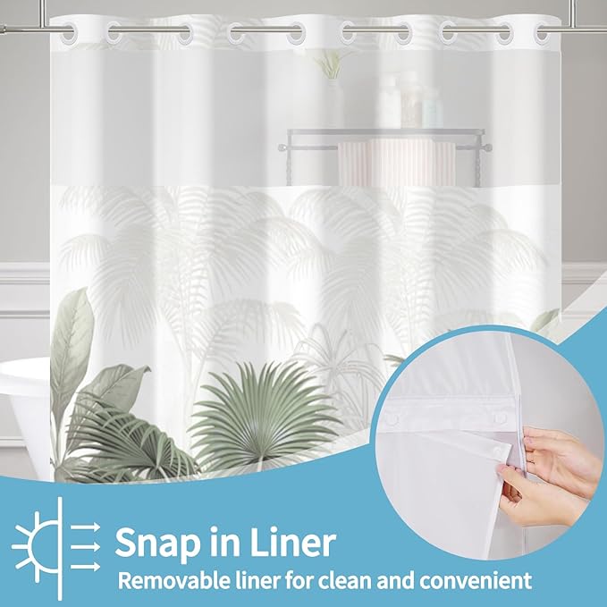 No Hook Shower Curtain with Snap in Liner Green Leaves Tropical Shower Curtains for Bathroom Sets Gradient Textured Bath Curtains with Mesh Top Window Fabric Waterproof Washable 71x74 Inch