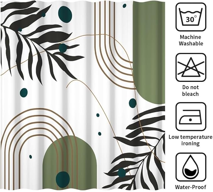 Mid Century Boho Shower Curtain for Bathroom Modern Minimalist Neutral Bathroom Decor Abstract Green Leaf Arch Sun Aesthetic Bath Curtains Washable Waterproof Polyester Fabric with Hooks 60x72 Inch