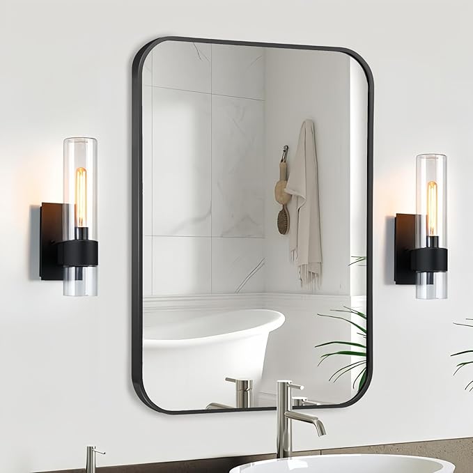 Black Bathroom Mirror, 22x30 Inch Matte Black Mirror, Aluminum Alloy Framed Vanity Mirror, Rounded Rectangle Mirror for Over Sink, Anti-Rust Wall Mirror (Horizontally or Vertically)