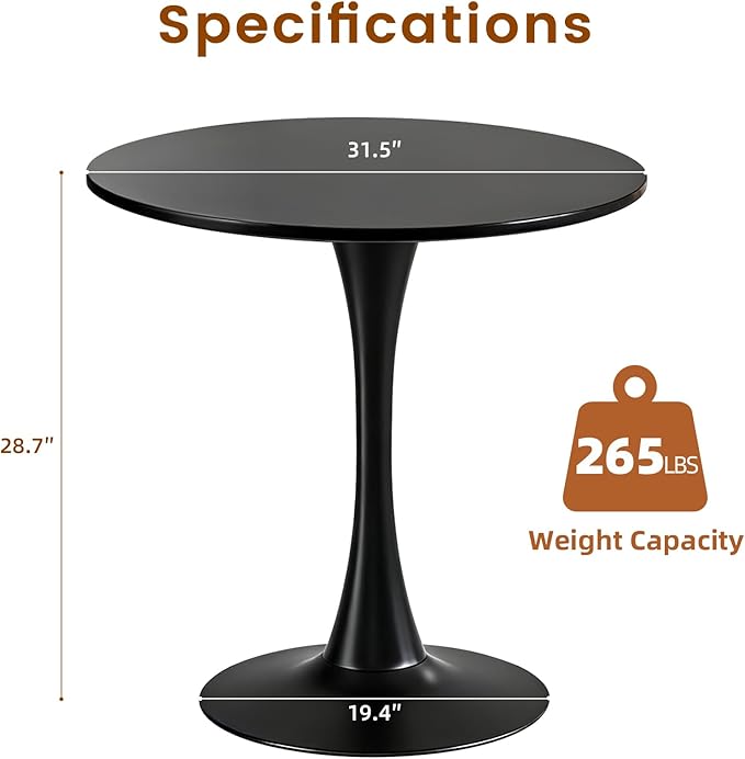 Round Dining Tulip Table for 4, Mid-Century Modern Table with Sturdy Metal Pedestal for Kitchen, Bistro, Cafe, Leisure (Black, 31.5 INCH)