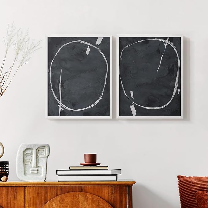 Renditions Gallery Set of 2 Peel & Stick Framed Prints, Abstract Wall Art, Circular Momentum Design Wall Decor, Re-Stickable - Ready to Hang - 11"x14" - White Frame LT588