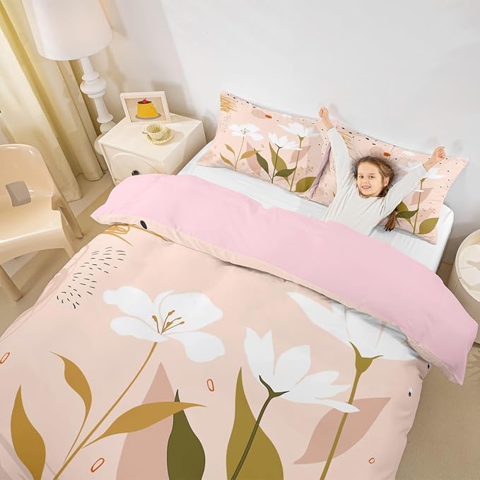 Erosebridal Boho Minimalist Duvet Cover Twin Hippie Abstract Art Bedding Set, Botanical Plants Comforter Cover White Flower Floral Bed Set Modern Mid Century Bedding Girly Pink Room Decor