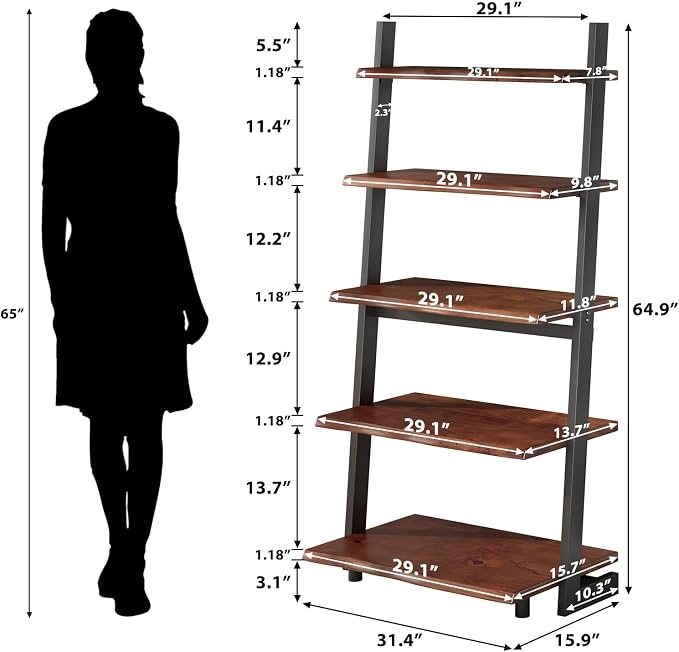 IBF 5-Tier Solid Wood Ladder Bookshelf with Natural Live Edge, Rustic Walnut Storage & Display Leaning Bookcase, Modern Space-Saving Shelf for Living Room, Bedroom, Home Office