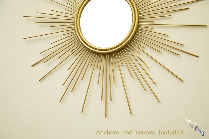 Sunburst Mirror, 24" Boho Mirror, Gold Sun Decorative Mirrors for Wall Decor, Small Mid Century Modern Small Living Room