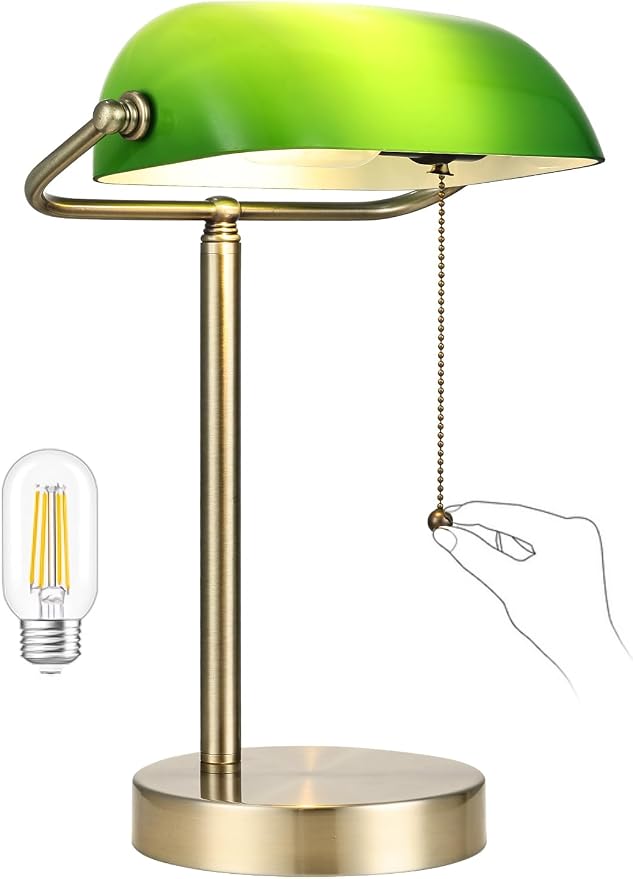Traditional Green Glass Bankers Desk Lamp with Pull Chain Switch Plug in Fixture,LED Bulb Included