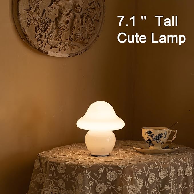 HEQET Mushroom Lamp Glass Mushroom Table Lamp for Bedrooms, Living Room, Aesthetic Lamps for Bedroom, Cute Bedside Lamp