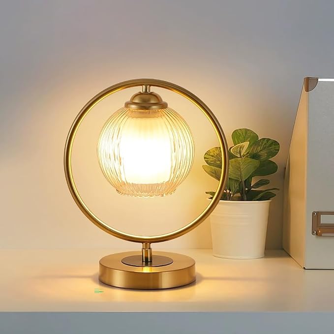 Glass Table Lamp Gold Mid Century Modern Desk Lamp Nightstand Light Round Ribbed Glass Shade Globe Reading Lamp for Bedroom Study Room Office