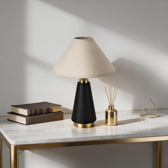18.11 Inch Black Modern Table Lamp, Beige Fabric Shade with PU Leather Base, Home Decor Lamp for Kitchen Counter, Bedroom, Nightstand, Desk Lighting, Bookshelf, Living Room, Kids Dorm
