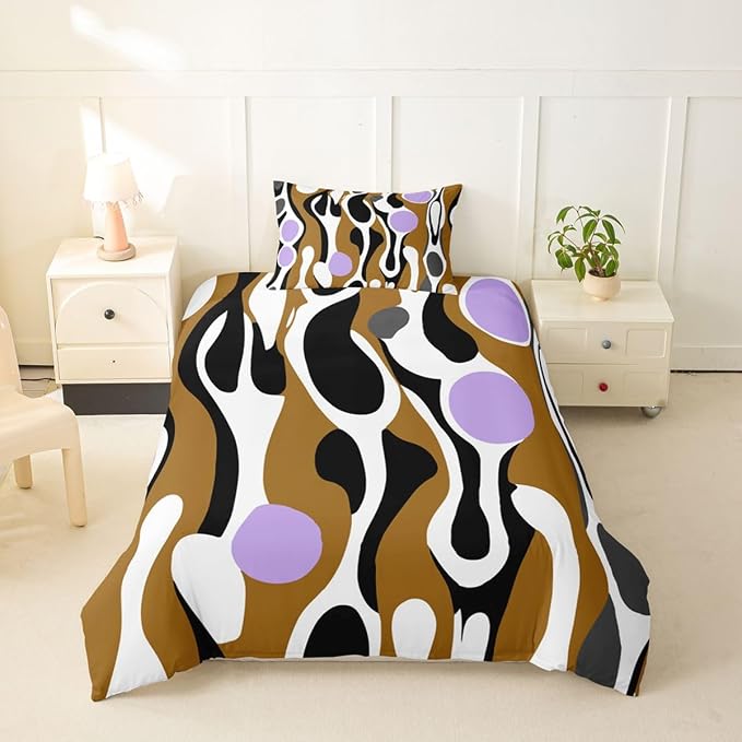 Erosebridal Organic Abstract Duvet Cover Set Modern Contemporary Girl Toddler Bedding Set for Kids Boys Boho Mid Century Wavy Lines Comforter Cover Retro Geometric Bed Sets,Brown Lavender