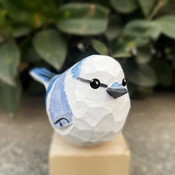Bird Figurines Hand Carved Painted Wooden Statues for Home Decor, Gift for Bird Lovers,Housewarming, Birthday, Christmas, Anniversaries (NO.09-Azure Tit)