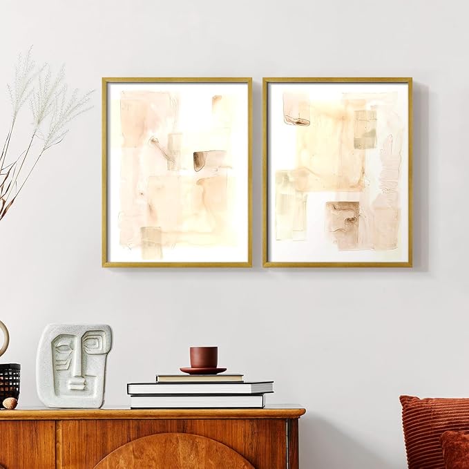 Renditions Gallery Set of 2 Peel & Stick Framed Prints, Abstract Wall Art, Mixed Handmade Oil Painting Wall Decor, Re-Stickable - Ready to Hang - 16"x20" - GOLD Frame LT588
