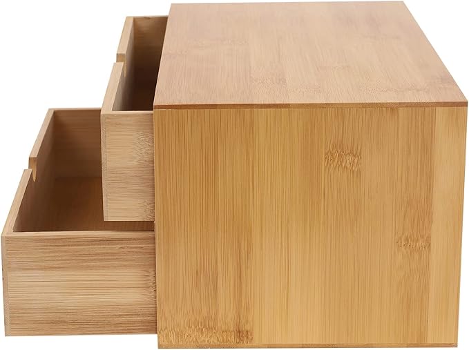 Bamboo Desk Organizer Small Retro Bamboo Tabletop Storage Box with Drawers& Recess Handles for Office Home Supplies Table Storage Collector 13 * 7.5 * 6in (2 Drawers)