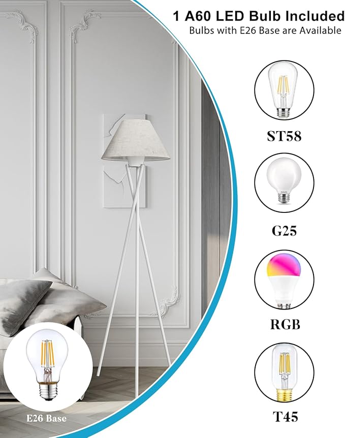 Tripod Floor Lamp, White Standing Lamps with E26 Bulb Included, Mid Century Modern Tall Lamps for Living Room Bedroom Home Decor