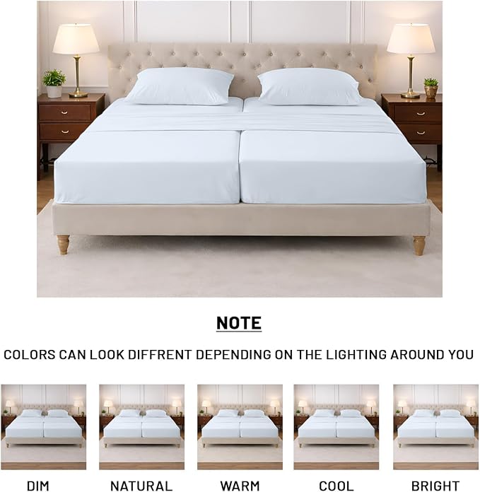 SGI Split King Sheet Set for Adjustable Bed Egyptian Premium Cotton 600 Thread Count Sheets for Sleep Number Bed 15" Deep Pocket 5 Pc Set with 2 Twin XL Fitted Sheets Soft Breathable -Light Blue