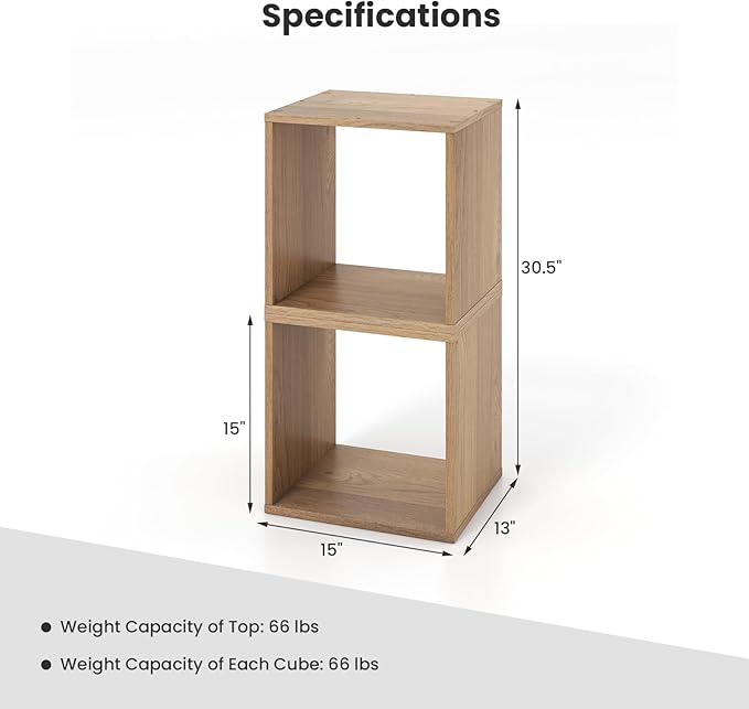 Giantex 2 Cube Bookshelf Organizer, 2-Tier Stackable Cube Storage Organizer, Small Wooden Open Book Shelf with Anti-toppling Device, Wood Floor Standing Display Shelving Bookcase, Natural