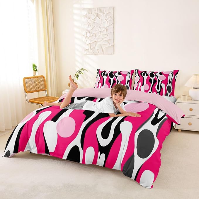 Erosebridal Organic Geometric Duvet Cover Set Modern Abstract King Bedding Set for Adult Men Retro Mid Century Comforter Cover Modern Fluid Art Irregular Circles Bed Sets,Fuchsia Pink