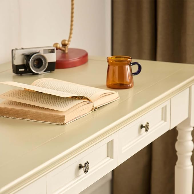 ADORZ Writing Desk with Drawers, 47 Inch French Country Desk Solid Wood Writing Desk for Home Office, Study Workspace or Bedroom (Off-White, 47 inches)