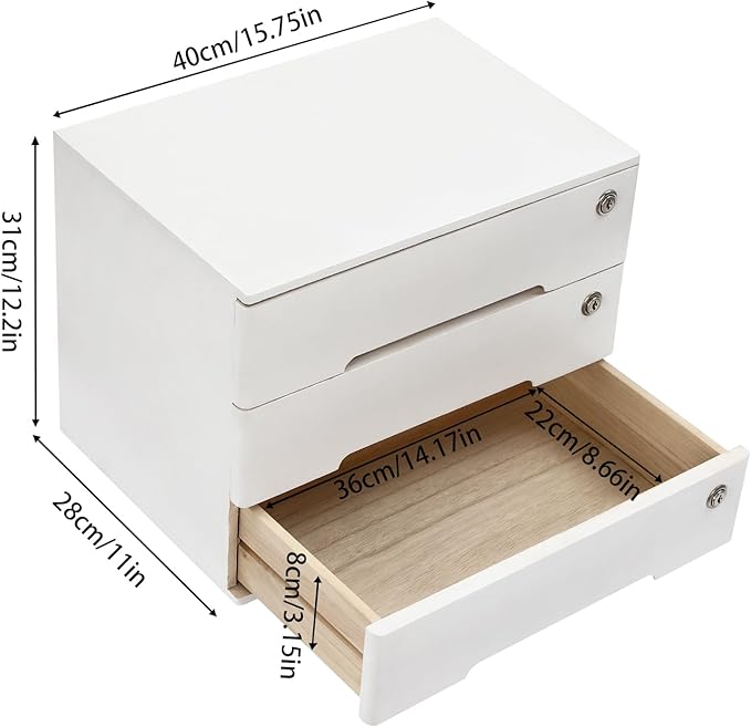Desktop File Organizer with Lock, 2/3/4 Tier Multi-Drawer Wooden Storage Cabinet, Office Supply Organizer for Home Desk, Study & Workplace (White, 3 Layers)