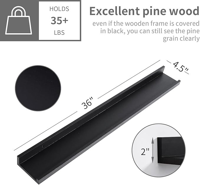 MBYD 36 Inch Picture Ledge Shelf with Lip Modern Black Floating Photo Shelves Natural Wood Set of 3 Same Sizes Frames Albums Display Shelf for Bedroom Bathroom Living Room Kitchen